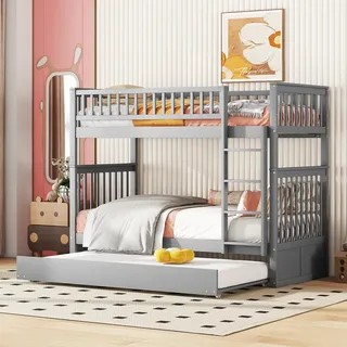 Flieks Etagenbett 90x200cm mit Ausziehbett, Hochbett mit Rausfallschutz und Lattenrost, Kinderbett mit Leiter, Stockbett 2 Kinder, Grau - Grau