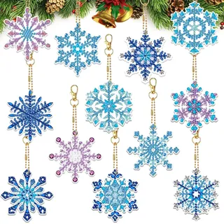 GTJEOI 5D Diamond Painting Weihnachten Anhänger Kinder, 12 Stück DIY Schneeflocken Diamant Malerei Kit, Weihnachten Diamant Malerei SchlüSselbund für Weihnachtendeko und Geschenk