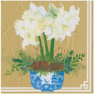 Catherine Weisz Gold Caspari Papierserviette mit Amaryllis im Topf, 33 cm, quadratisch, 20 Stück