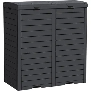 Floordirekt Mülleimer Outdoor Holz-Optik wetterfest 230L anthrazit Müllbehälter für Garten Terrasse mit Deckelsystem Müllsackhalter leicht zu reinigen - Grau