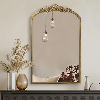 PERFNIQUE Gold Vintage Spiegel, 76 x 48 cm gewölbter antiker Barockspiegel für Wand, Messing Traditionelle kunstvolle Wanddekoration für Badezimmer Wohnzimmer Kamin Eingang Flur (76 x 48 cm)