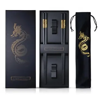 Essstäbchen Wiederverwendbare Chinesische Drachen Essstäbchen mit Halter und Tragetasche, Premium Chinesische Traditionelle Stilvolle Geschenk-Set (2 Paar-Drachen)