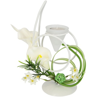 Teelichthalter mit Glaseinsatz und Teelicht-Kerze mit Blume Calla Deko-Kugel Kerzenhalter Kerzenständer Tischdeko Teelichtglas Laterne Windlicht romantische Deko Deko-Objekt Hochzeitsdeko Weiß