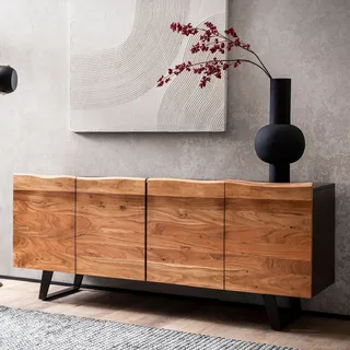 FineBuy Sideboard Akazie Massivholz 180 cm 4 Türen - Massive Retro Kommode Baumkante - Design Natur Anrichte - Handdustrial - Schwarz