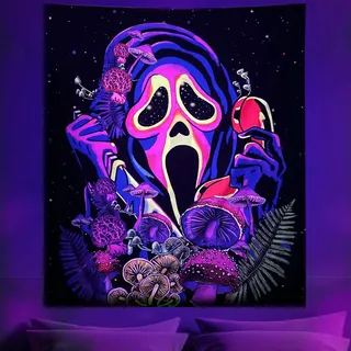 Cyiecw Schwarzlicht Wandteppich Aesthetic, UV Reaktive Pilz Skelett Schädel Deko Tapestry, Fluoreszierend Pflanzen Sternenhimmel Wandtuch, Wandbehang Schlafzimmer Wohnzimmer Dekoration(150 * 130cm)