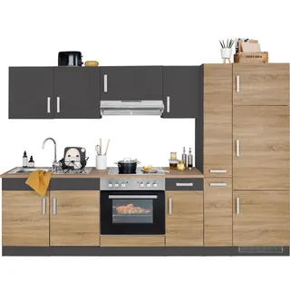 Küchenzeile KOCHSTATION "KS-Gera", grau (küche: natur, front: eiche sonoma, anthrazit, korpus: anthrazit, arbeitsplatte: eiche sonoma), B:300cm H:200cm T:60cm, Komplettküchen-Sets, Küchenzeile, Breite 300 cm, wahlweise mit E-Geräten, mit Arbeitsplatte