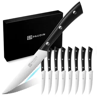 PAUDIN Steakmesser 8-teiliges Set hochwertiger deutscher Edelstahl Steak Messer Set ultrascharfe gezackte Klinge und ergonomischer Griff Tafelmesser mit Geschenkbox