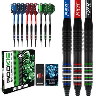 WINMAU Rookie Dartpfeile 20g – Softdarts mit Messingbarrel 3er-Pack (9 Dart total)| Prism Zeta Flights, Pro Force Schäfte & Bar Wallet – Rot, Blau, Grün | Amazon Exklusiv Profi Darts
