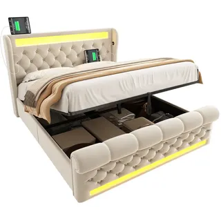 Modfu Polsterbett aus Samt 140x190 cm in Beige mit LED & USB-C-Ladestation , Textil , 140x190 cm , Schlafzimmer, Betten, Polsterbetten