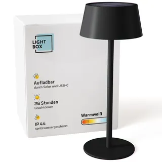 Lightbox LED Außen Tischlampe | kabellose mobile Outdoor Lampe mit Solar | 3 Stufen Touch | dimmbar | Akku-betriebene Tischleuchte (300 lm, 3000 K) | aus Metall & Kunststoff in Schwarz | Balkon Deko