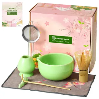Maestri House Matcha Besen Set Geschenkset 7-Teilig in Grün | Japanisches Matcha Zubehör Set mit Ausgießer-Schale, Bambus Chasen & Halter, Hochwertige Geschenkidee für Matcha Liebhaber