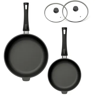 Hoffmann STONIQ Hochrandpfannen Set 24 + 28 cm, Antihaftbeschichtet, PTFE und PFAS-frei, Induktion, Backofenfest bis 300°C, Pfanne made in Germany, Bratpfanne, Schmorpfanne (mit Deckel, 24 + 28 cm)