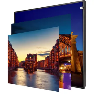 INFORMA LED Bilderrahmen in Schwarz Matt, 3 Wechsel Bilderrahmenbezüge Thema deutsche Städte, Rahmenlos, 50 x 50 cm, 27 LEDs, austauschbare Motive mit UV Direktdruck