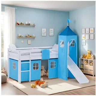 Homestyle4u Hochbett 90 x 200 cm Kiefer massiv lackiert Blau/Weiß