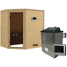 Bild Karibu Sauna Svea Eckeinstieg, 9 kW Saunaofen mit externer Steuerung, für 3 Personen - braun