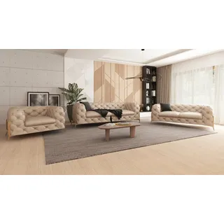 s-style möbel Chesterfield Polstergarnitur 3-Sitzer + 2-Sitzer + Sessel Samt Beige