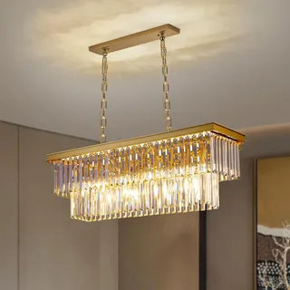 Depuley Modern Kronleuchter Kristall, 60cm Pendelleuchte Gold, Rechteckiger Kristall Hängeleuchte mit Klarem Kristallanhänger, Hängelampe für Wohnzimmer, Esszimmer, Schlafzimmer, Restaurant, E14 x 6