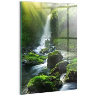 Wallfluent Für die Küche Badezimmer und Schlafzimmer Wanddekoration Mit Motiv 40x60cm Glasbild Bild Dicke 4mm Wandbild Gehärtetes Glas - Wasserfall und Felsen