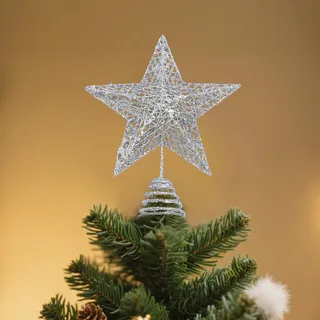 Weihnachtsbaumspitze Stern Silber, 20 cm Glitzer Baumspitze Weihnachten Christbaumspitze Deko Weihnachtsdeko, Stern für Weihnachtsbaum Tannenbaum Spitze, Metall Spitzen Star Topper Dekoration