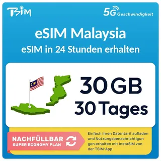 Malaysia eSIM | 30GB | 30 Tage | Nachfüllbarer Tarif | 5G Geschwindigkeit |Hotspot| Nur-Daten. QR-Code Wird innerhalb von 24 Stunden gesendet, scannen zur Aktivierung, Keine Telefonnummer enthalten.