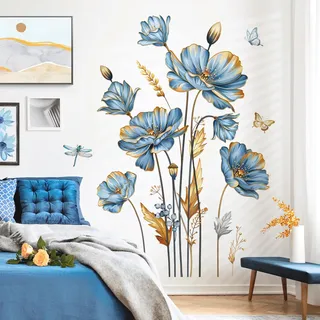decalmile Wandsticker Blumen Blau Wandtattoo Blätter Gold Pflanzen