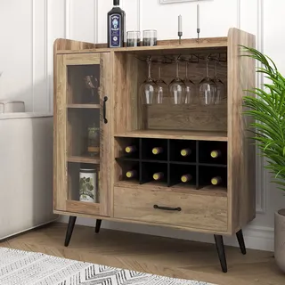 SogesHome Weinschrank Weinregale Buffet mit 1 Glastür und Schublade 3 Stöckiger Schrank mit 8 Weinwürfeln Anrichte zur Weinaufbewahrung mit Flaschenhalter für Eingangsbereich, Wohnzimmer, Küche