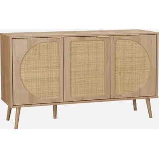 sweeek - Skandinavisches Sideboard mit Holzdekor und abgerundetem Rattan-Geflecht 3 Türen B 120 cm - Natur
