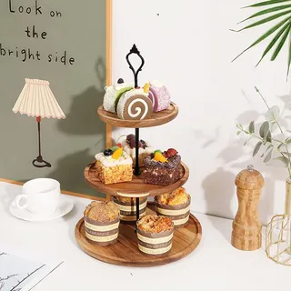 Fengman123 3 Etagen Rund Etagere aus Holz Cupcake Ständer Mit Metallgriff für Geburtstagsfeiern, Hochzeiten, Weihnachten Party