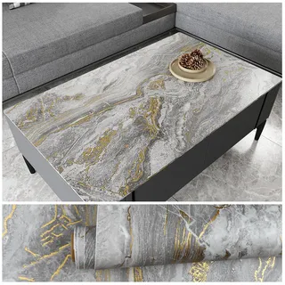 VEELIKE Marmor Tapeten Grau Gold Vintage Mamorfolie Selbstklebend Tapete Marmoroptik Klebefolie Arbeitsplatte Küche Marmortapeten Wand Grau Küchentapete Abwaschbar Wandtapete Badezimmer 40cm×300cm