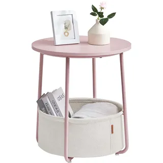 VASAGLE LILEA Kollektion - Beistelltisch rund, Kleiner Tisch, Couchtisch klein, Wohnzimmertisch, Korb aus Stoff, Stauraum für Wohnzimmer, Schlafzimmer modern, pastellrosa-cremeweiß LET223R61
