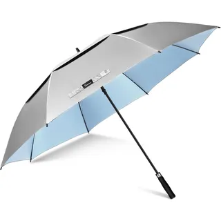 NINEMAX Regenschirm mit UV Schutz XXL, UV Großer Golfschirm Sturmfest, Große Golf Sonnenschirm für Herren Damen 2 Personen (Silber/Hellblau)