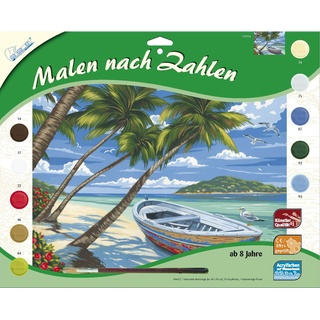 MAMMUT 109104 - Malen nach Zahlen Landschaftsmotiv, Palmenstrand, Komplettset mit bedruckter Malvorlage im A3 Format, 10 Acrylfarben und Pinsel, großes Malset für Kinder ab 8 Jahre