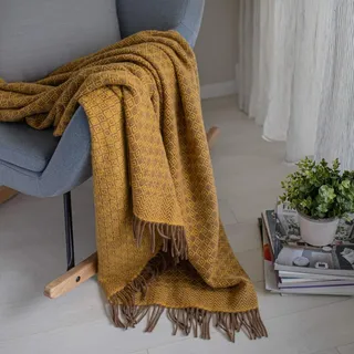 Linen & Cotton Decke Wolldecke Wohndecke Kuscheldecke Paris mit Rautenmuster - 100% Reine Neuseeland Wolle, Braun Gelb (140 x 200 cm) Tagesdecke Sofadecke Plaid Blanket Sofa Bett Lammwolle Schafswolle