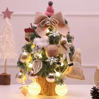 Weihnachtsbaum mit Lichtern, Tischdekoration, Mini-Weihnachtsbaum, Neujahrsgeschenk, Party-Dekoration, Beige, 35cm - Beige