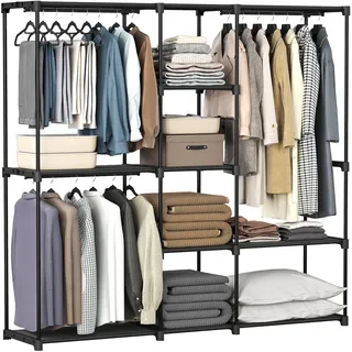 SONGMICS Kleiderschrank, Kleiderständer, freistehende Garderobe, mit Kleiderstangen, Garderobenständer, Stoffablagen, Metallrahmen, 182 x 43 x 182 cm, tintenschwarz RYG037B02