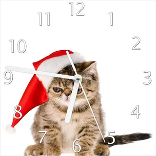 Wallario Design Wanduhr Ich hasse Weihnachten - mürrische Katze mit Weihnachtsmütze aus Echtglas, Größe 20 x 20 cm - Weiß