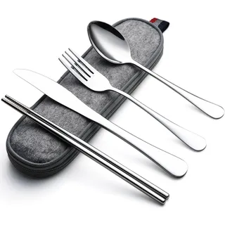 DEVICO Camping Besteck, Edelstahl Reisebesteck, 5-Teiliges Outdoor Cutlery Set mit Messer, Gabel, Löffel, Essstäbchen und Etui - Ideales Besteckset für Unterwegs (Silber)