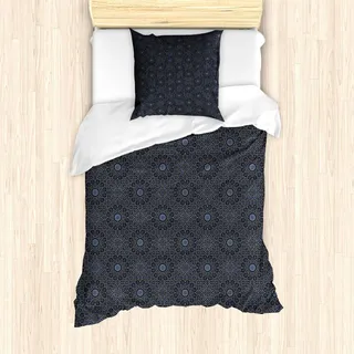 ABAKUHAUS marokkanisch Bettbezug Set, Geometrisches Design mit alten reichen königlichen Elementen und marokkanischem Stern-dunklem altem, 135 x 200 cm + 80 x 80 cm, Schwarz Creme Blau