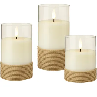 GOOBAY LED-Echtwachskerzen, Glas, Timerfunktion, 3 Stück, warmweiß, mit Hanfschnur umwickelt