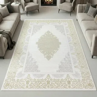 Teppich-Traum Kurzflor Teppich Mäander Ornamente Creme Gold 160x230 cm | Pflegeleicht, schmutzabweisend, strapazierfähig, vielseitig einsetzbar, OEKO-TEX geprüft, mit Glanzeffekt, 8 mm Flor