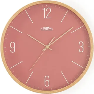 PRIM Holz-Wanduhr in schönen Farben, Helles Holz&Rot, Quarz-Uhrwerk Sweep, Glas, Holz, Ø 305x40 mm, Modern Style Wand-Deko Naturmaterial, für Wohnzimmer, Schlafzimmer, Büro, Küche, jeden Raum