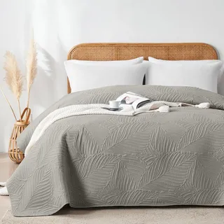 VIVA FINO Tagesdecke 220x240 cm,Grau Ultrasonic Steppdecke,Leicht,Weich und Pflegeleicht,Doppelseitig,Bettüberwurf mit Blattmuster,Ideal für alle Jahreszeiten,Für Bett und Sofa