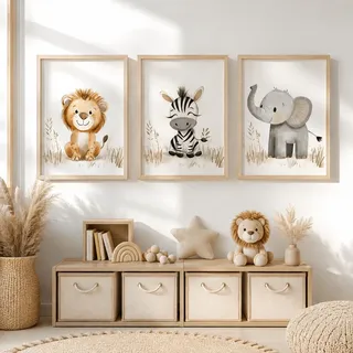 Generisch 3er Dschungel Poster-Set fürs Babyzimmer A4 A3 - Bilder Safaritiere: Elefant Faultier, Nilpferd, Giraffe, Löwe, Zebra, Panda fürs Kinderzimmer (Safari Zebra, DIN A4, Ungerahmt)