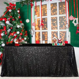 B-COOL Nahtlose Pailletten-Tischdecke, schwarzes Glitzer-Design, Tischdecke, Hochzeit, Overlay, Geburtstag, Party, Tischdekoration, 228,6 x 335,3 cm, Schwarz