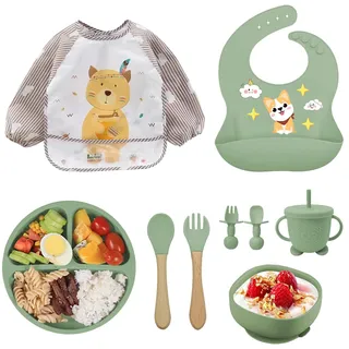 Oskuglin 9-teiliges Silikon Babygeschirrset BPA-frei ab 6 Monaten | Rutschfest mit Saugnapf, faltbar & spülmaschinenfest, mit Teller, Besteck & 2 Lätzchen – praktisches Geschenk zur Geburt