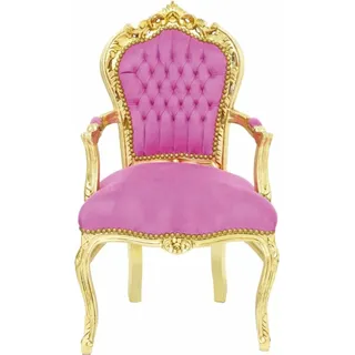 Casa Padrino Barock Samt Esszimmer Stuhl mit Armlehnen Rosa / Gold - Barock Möbel
