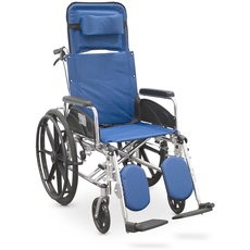QUIRUMED Aluminiumrollstuhl mit Kopfstütze und hochklappbarer Fußstütze, faltbar, leicht, für Behinderte, für ältere Menschen, Blaue Farbe, abnehmbare Kopfstütze, Überschlagschutz