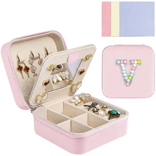 Ghope Schmuckkästchen Reise mit Spiegel, Klein Schmuck-Reiseetui mit initiale Schmuckkasten tragbar Schmuckschatulle Schmuckkoffer Schmucketui Jewelry Box für Damen Mädchen Geschenk