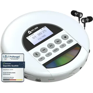 KLIM Nomad - tragbarer CD-Player mit ausdauerndem Akku, Kopfhörer, Radio FM, MP3- und TF-Karte, Bluetooth, ideal für Autos - Weiß