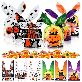 100 Stück Halloween Süßigkeit Taschen, Halloween Tüten für Süßigkeiten,Hasenohren Geschenktüten, Süßigkeiten Tüten für H alloween Partyzubehör, H alloween Goodie Bags(6 Muster)